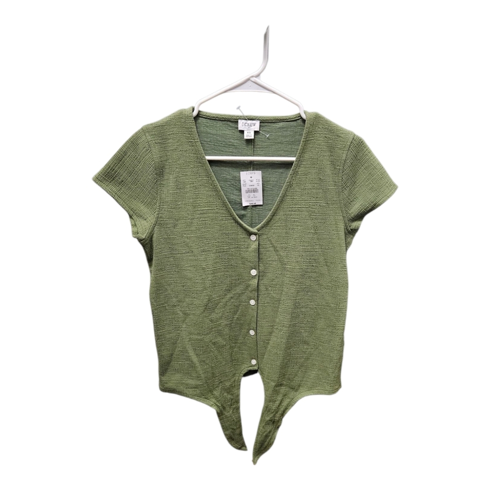 J Crew Textured Olive Green Button Down Cropped Shirt Tie Bottom Size XS